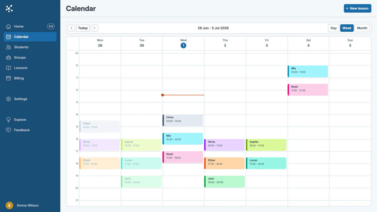 Lesson calendar screen in Skedum